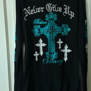 Cowgirl Tuff Shirt with Turquoise and White Cross Design, Never Give Up Style